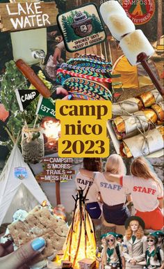 a collage of camping related items including camp signs, food, and other things