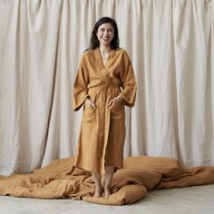 Our solid colored sleepwear collection is made from our heirloom linen blended with bamboo derived rayon for extra drape and softness. The Nola Robe is a mid length robe with loose ¾ length sleeves, a self tie, pockets, and an oversized fit. It’s the perfect lightweight piece to throw on over your pajamas, after a shower, or anytime you want to lounge. Textile Design, Mid Length, Linen Blend, Length Sleeve, Bamboo, Pajamas, Lounge Wear, How To Wear, Color