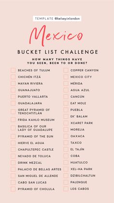 the mexico bucket list is shown on a pink background