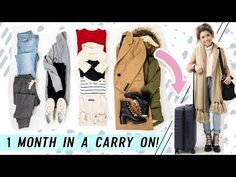 a woman is standing next to her luggage and wearing winter clothes with the words, month in a carry on