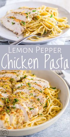 lemon pepper chicken pasta in a white bowl