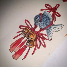 a drawing of two fish on top of each other with red ribbon around it's neck