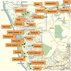 a map with many locations and names in orange, green and yellow colors on it