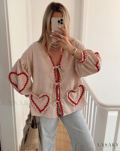 Lasaky - Elegant Blouse Zipper Front Closure Love Outfits, Casual Chique Stijl, Print Shirts Women, Lantern Sleeve Top, Laced Up Shirt, Heart Pocket, Neck Bow, Vintage Blouse, Elegant Blouses