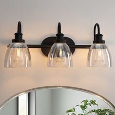 three light bathroom fixture with clear glass shades and black metal frame, on a white wall