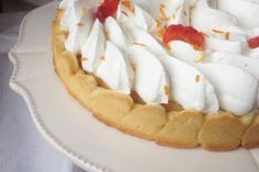 a dessert with whipped cream and toppings on a white plate