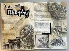 an open book with drawings on it and some writing in the pages that read van murphy