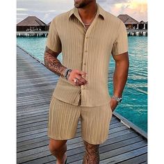 Season:Summer; Fabric:Polyester; Sleeve Length:Short Sleeve; Look After Me:Machine wash,Washable; Gender:Men's; Style:Casual,Fashion; Elasticity:Micro-elastic; Tops Type:T-shirt Suits,2 Pieces Outfits,Tee  Shorts; Occasion:Daily Wear,Going out,Vacation; Pattern:Plain; Design:2 Piece; Neckline:Lapel; Listing Date:06/03/2024; Bust:; Length [Bottom]:; Length [Top]:; Shoulder Width:; Sleeve:; Waist: Mens Business Casual, Mens Beach Style, Business Casual Shirts, New Mens Fashion, Mens Fashion Classic, Streetwear Summer, Caramel Color, Business Casual Men, Short Suit