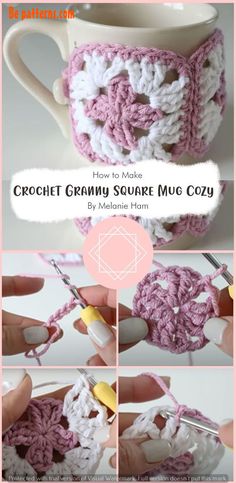 the crochet granny square mug cozy pattern is shown in pink, white and grey