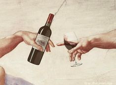 two hands reaching for a bottle of wine in front of an image of the creation of man's hand