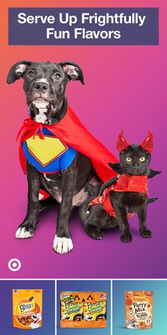 a dog and cat dressed up as superheros with the caption serve up frightenedly fun flavors