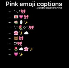 pink emoj captions on black background with flowers and hearts in the center, stars and clouds