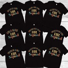 six t - shirts with the words mr and mrs squad printed on them