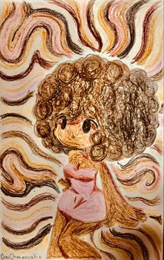 a drawing of a girl with curly hair and an orange dress is in front of a swirly background