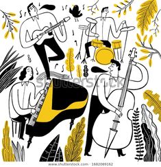 an image of people playing musical instruments in the woods with plants and trees around them