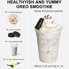 an ice cream smoothie with oreo cookies and yogurt is shown in this poster