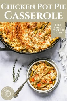 chicken pot pie casserole in a skillet with a serving spoon on the side