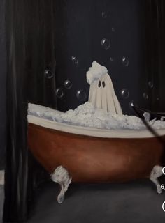 a painting of a bathtub filled with foamy bubbles and a ghost in the tub