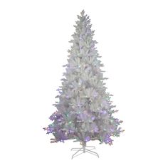 a white christmas tree with purple and green lights on it's base, in front of a white background