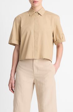 Cleanly designed for a contemporary look, this all-cotton shirt features a boxy, cropped length. 21 1/2" length (size Medium) Hidden-button placket Point collar Elbow-length sleeves 100% cotton Dry clean or machine wash, line dry Imported Casual Cropped Shirt With Button Cuffs, Modern Cropped Top For Everyday Wear, Relaxed Fit Cotton Cropped Shirt, Relaxed Fit Cotton Cropped Shirt For Daywear, Casual Relaxed Fit Cropped Shirt, Cotton Cropped Shirt With Button Cuffs, Cotton Cropped Shirt With Button Cuffs For Spring, Modern Everyday Tops With Button Cuffs, Modern Tops With Button Cuffs For Everyday