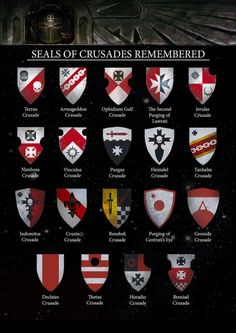 an image of shields that are all different colors and sizes, with the words seals of crusader