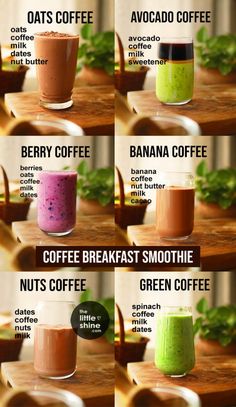 four different types of smoothies are shown in this image, with the names below them