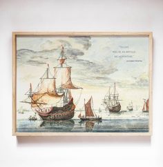 an old painting with ships in the water