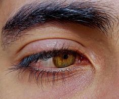 an extreme close up shot of the eye of a man with brown eyes and black hair