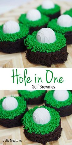 there are several golf balls in the grass on top of some brown and green cookies