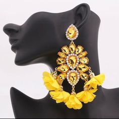 Chic Chandelier Dangle Earrings 22k Gold Plated Sparkling Flower Design Paved Rhinestone Pick A Style U Prefer Party Accessories Yellow Tassel Earrings, Pageant Earrings, Crystal Statement Earrings, Earring Fashion, Tassel Earring, Prom Earrings, Women Flower, Long Tassel Earrings, Yellow Earrings