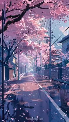 an image of a city street with cherry blossoms on the trees