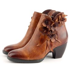 Women Leather Boots, Real Leather Boots, Leather High Heel Boots, Ankle Boots Women, Genuine Leather Boots, Boots High, Retro Shoes, Leather Flowers, High Heel Boots Ankle