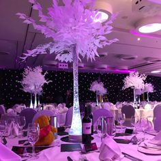 the table is set for an event with purple lighting