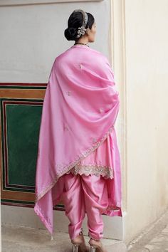 Gulabi kurta with silver zardosi, pearls and stones embroidery and cutwork hem detailing. Paired with coordinating dupatta and solid dhoti pant - Aza Fashions Traditional Drape Dupatta With Tilla, Dhoti Pants, Pink City, Silk Embroidery, Cut Work, Pink Silk, Pant Set, Set For Women, Aza Fashion