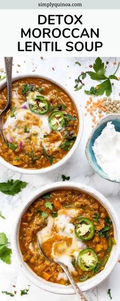 two white bowls filled with lentula soup and topped with sour cream, cilantro, jalapenos