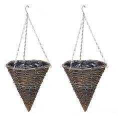 two hanging baskets with chains attached to them