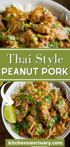 thai style peanut pork with rice and cilantro on the side in a white bowl