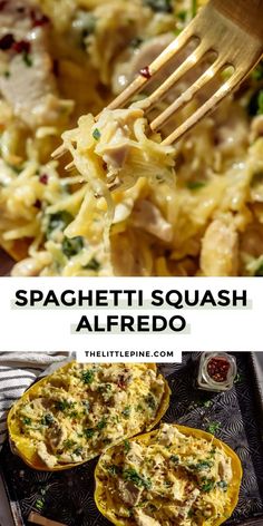 spaghetti squash stuffed with cheese and spinach is being lifted from the casserole dish