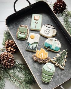 decorated cookies in the shape of cars and campers on a tray with pine cones