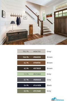 Cottage-Style Foyer Idea Color Analysis with Rich Dark-Wood Door and Shiplap Walls