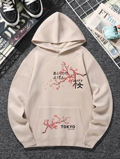 Apricot Casual Collar Long Sleeve Fabric Floral,Letter Pullovers Embellished Slight Stretch  Men Hoodies & Sweatshirts Aesthetic Hoodies Men, Trendy Hoodies Men, Japanese Letter, Hope Fashion, Street Style Outfits Casual, Aesthetic Hoodies, Dope Hoodies, Fashion Teenage Girls