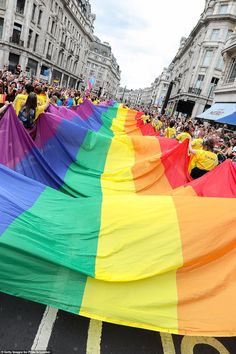 a large rainbow flag is being carried down the street by many people onlookers