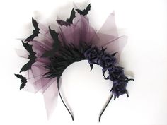 "This Bat headband woman, headband, decorated with the queen of flowers - purple roses, sign of strength and power. Roses are handmade and made out of foam Eva material looking realistic and not afraid of water. Purple tulle creates \"twilight\", from which \"blast off\" black bats. Vampire costume halloween headband is very light weight not more then 7oz. Gothic headpiece costume hair is a very special gift which will surprise and give esthetic pleasure. You will easily show you individuality b Vampire Costume Halloween, Halloween Accessories Diy, Bat Headband, Gothic Headpiece, Moldes Halloween, Bat Costume, Headband Accessories, Halloween Hair Bows, Adornos Halloween