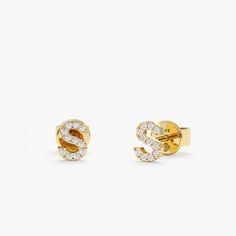 Pair of handcrafted Mini Diamond Initial Stud Earrings in 14k solid gold Gold Diamond Stud Earrings, Stacked Wedding Rings, Gold Diamond Earrings Studs, Gold Diamond Studs, Initial Earrings, Mini Earrings, Dainty Studs, Charm Pendant Necklace, Diamond Stud Earrings