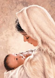 a painting of a woman holding a baby wearing a white shawl over her head