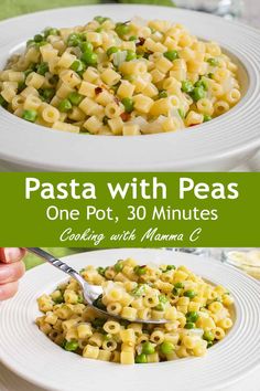 pasta with peas is served in two white bowls on a green tablecloth and the title overlay reads pasta with peas one pot, 30 minutes cooking with mama c