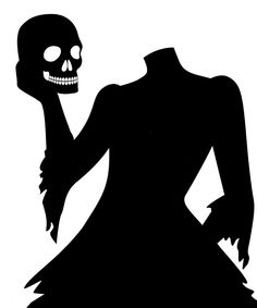 a black and white silhouette of a woman holding a skull