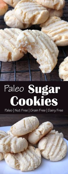 paleo sugar cookies on a cooling rack with the words paleo sugar cookies above them