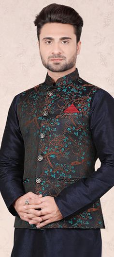 Black and Grey color Nehru Jacket in Brocade fabric with Printed work Engagement Reception, Reception Lehenga, Nehru Jacket, Nehru Jackets, Brocade Fabric, Jacquard Fabric, Grey Color, Wearing Black, Lehenga