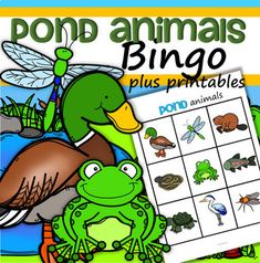 the pond animals bingo game is shown with an image of a frog and a frog